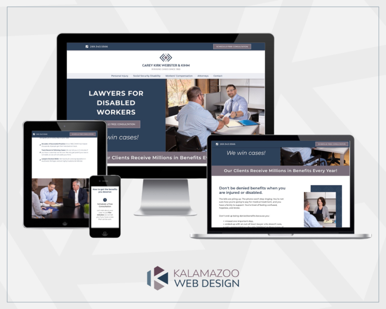 A law firm's responsive website is displayed on a phone, tablet, laptop, and desktop screen.