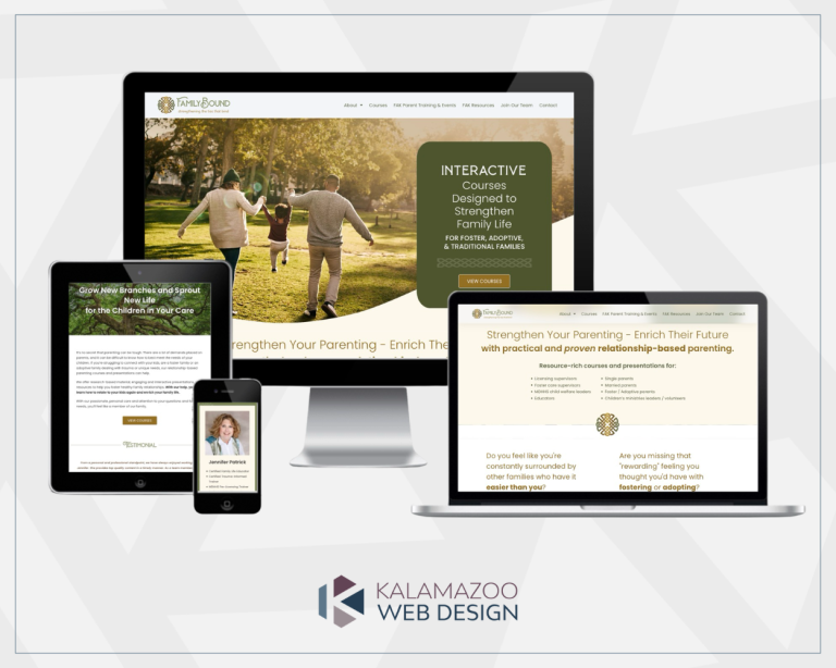 Responsive website for "Family Bound" shown on desktop, tablet, and phone screens; Kalamazoo Web Design logo below.