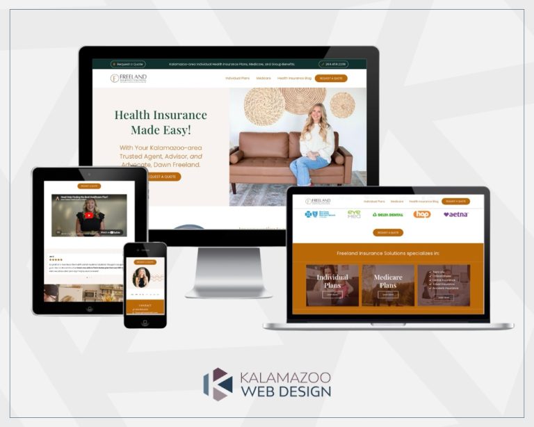 Four devices display a health insurance website; Kalamazoo Web Design logo appears at the bottom.