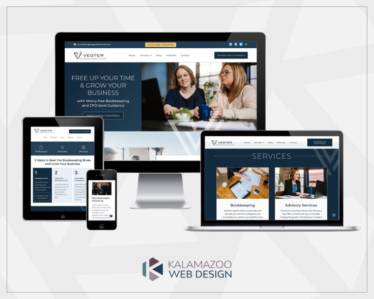 Multiple devices displaying the Vegter Bookkeeping website, with Kalamazoo Web Design logo below.