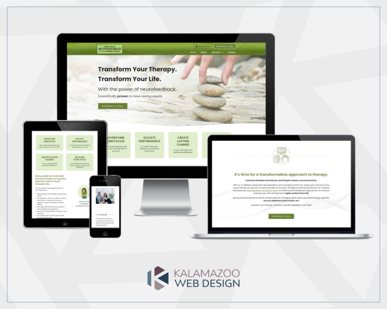 A therapy website shown on a desktop, laptop, tablet, and phone with Kalamazoo Web Design logo below.