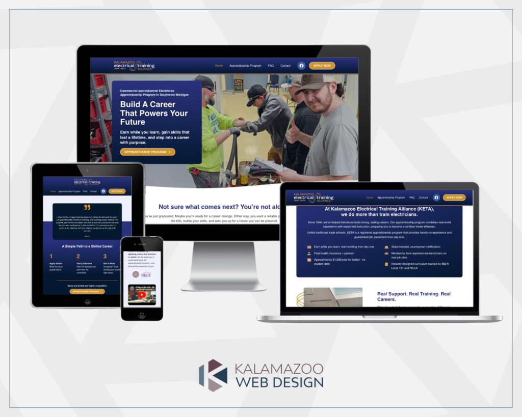 Four devices display a responsive website for electrical training; Kalamazoo Web Design logo is below.