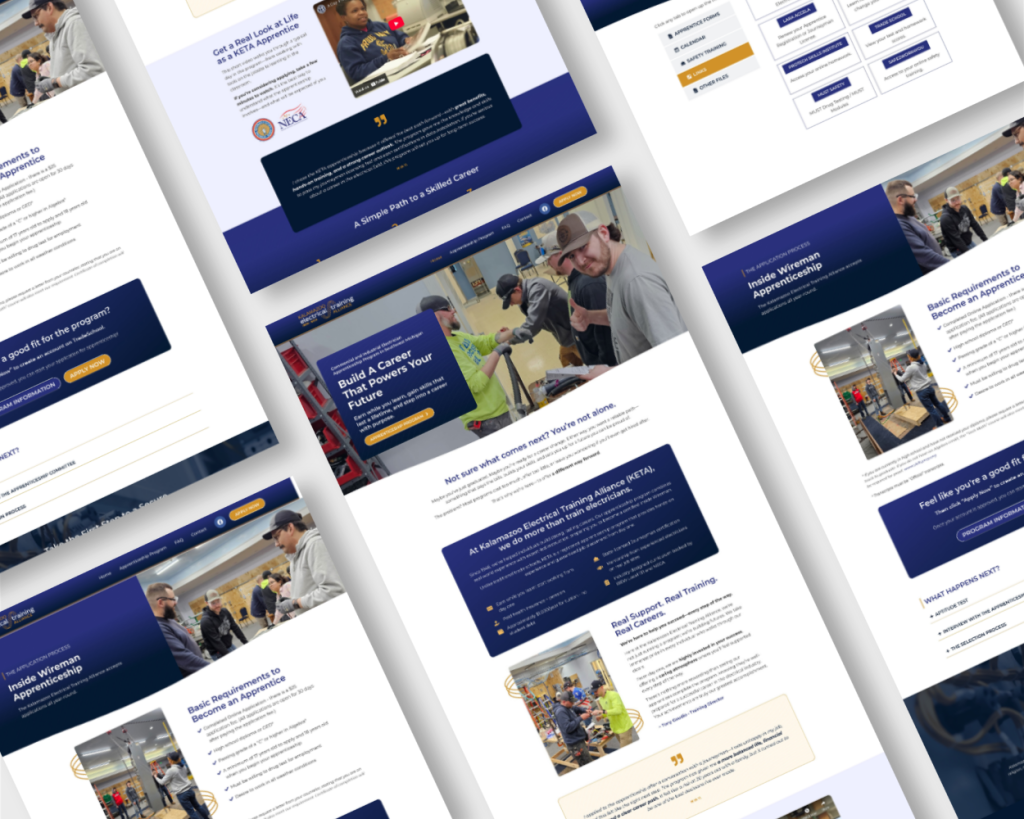 Multiple angled screenshots of a career training website featuring students, text sections, and blue-gold accents.