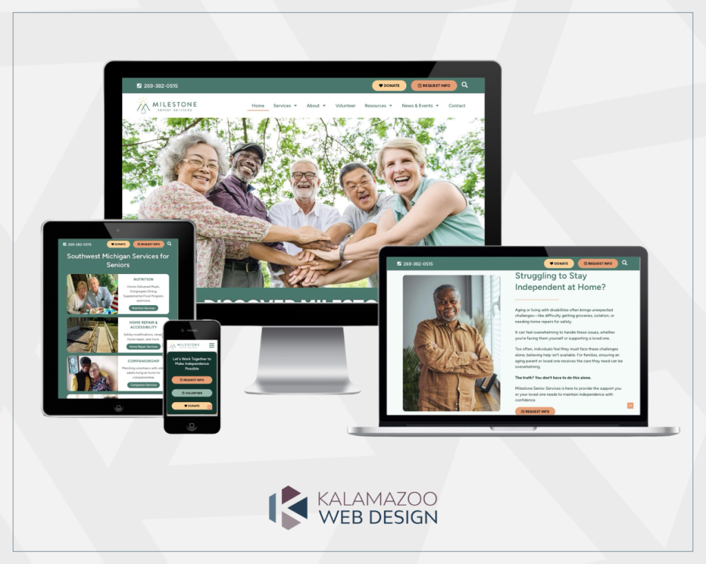 Multiple devices display a senior care website with smiling seniors and Kalamazoo Web Design logo below.