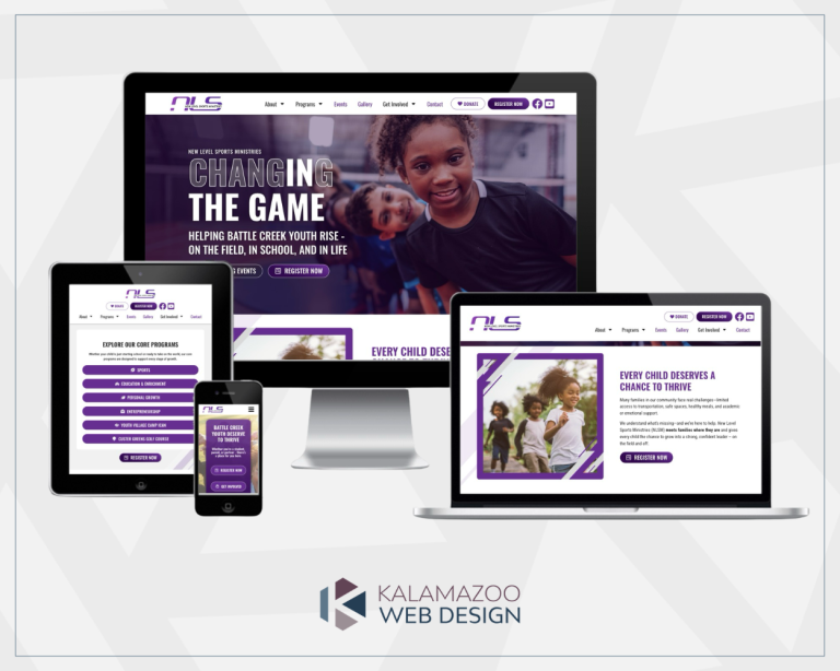 Responsive sports program website shown on desktop, laptop, tablet, and phone screens, by Kalamazoo Web Design.