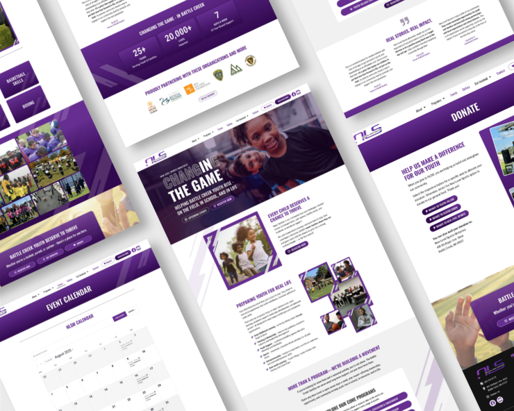 Multiple website pages with purple accents, photos, and text about sports events, donations, and community impact.