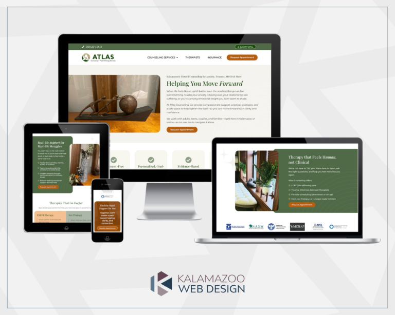 Four devices display a therapy website, showcasing its responsive design. "Kalamazoo Web Design" logo below.