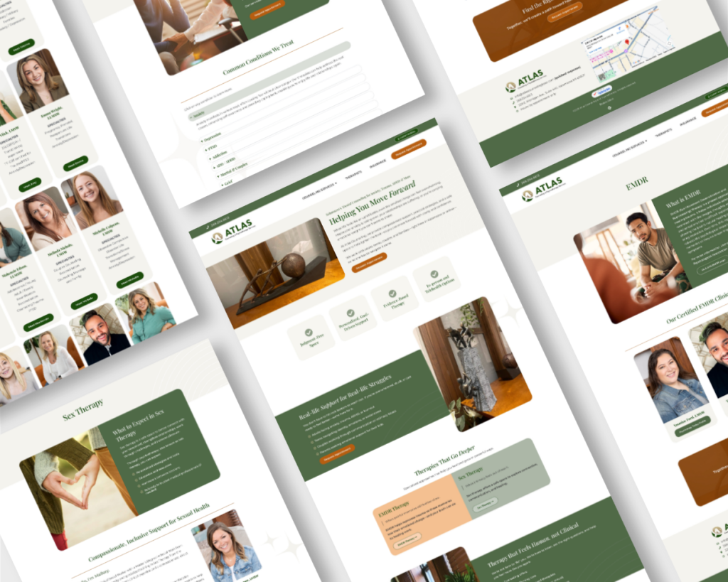 Multiple website pages shown in a grid layout, featuring green and beige therapy-related content and photos.