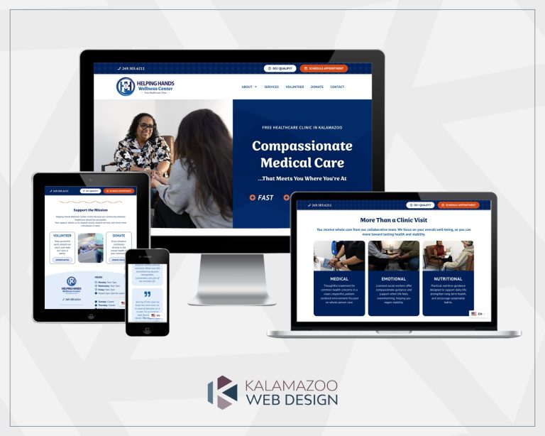 A healthcare clinic website displayed on a desktop, laptop, tablet, and smartphone with a web design logo below.