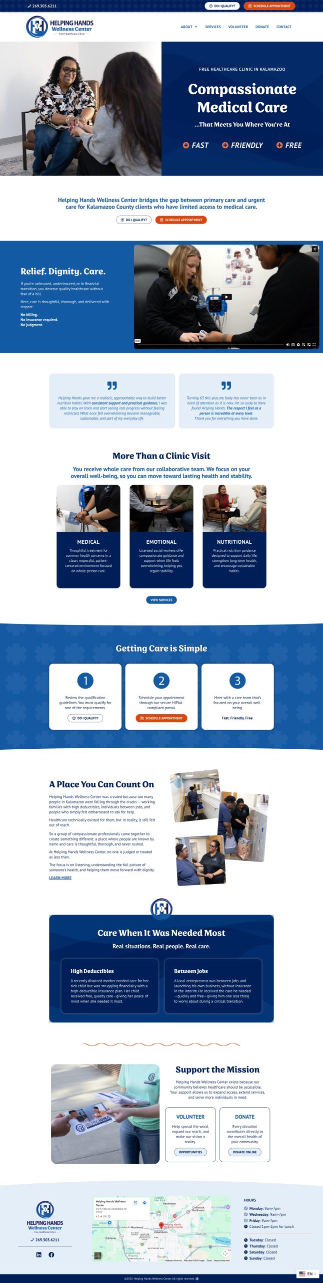 Screenshot of Healing Hands Clinic’s website, designed by Kalamazoo Web Design LLC, featuring medical services, patient care, and donation information.