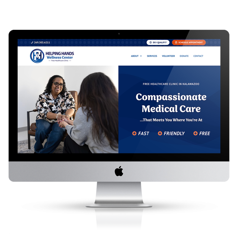 A computer screen displays the Helping Hands Wellness Center website, designed by Kalamazoo Web Design LLC, with "Compassionate Medical Care" text.