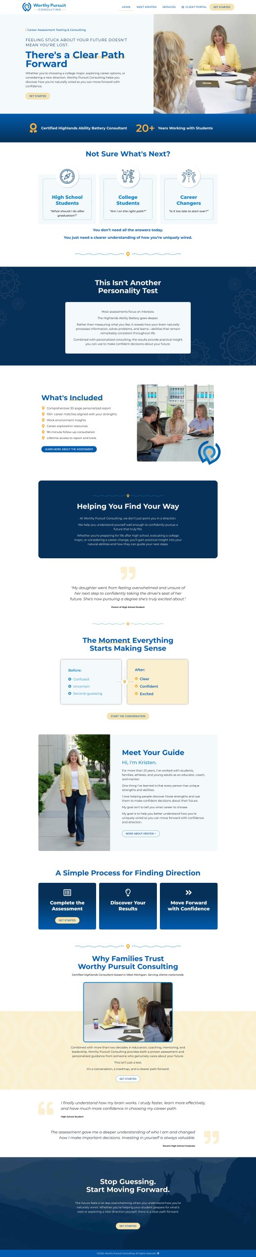 Women talking at a table, informational website on career guidance and coaching created by Kalamazoo Web Design LLC, blue and yellow accents.
