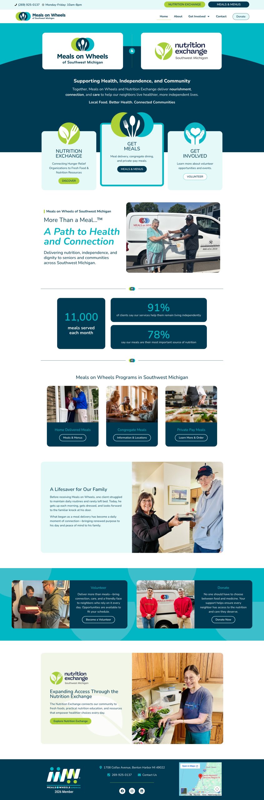 Website for Meals on Wheels with photos of volunteers delivering meals to seniors and community testimonials, thoughtfully crafted by Kalamazoo Web Design LLC.