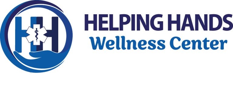 Helping Hands Wellness Center logo with hands, medical symbol, and blue text on a white background.