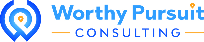 Worthy Pursuit Consulting logo with a blue location pin icon and text in blue and orange.